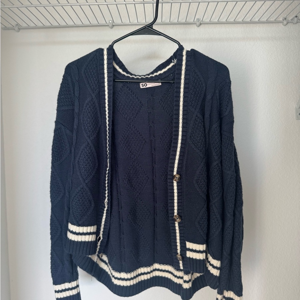 SO Women's Navy Cable Knit Cardigan with White Trim